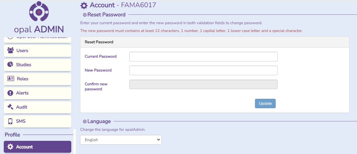 Opal Admin Account page