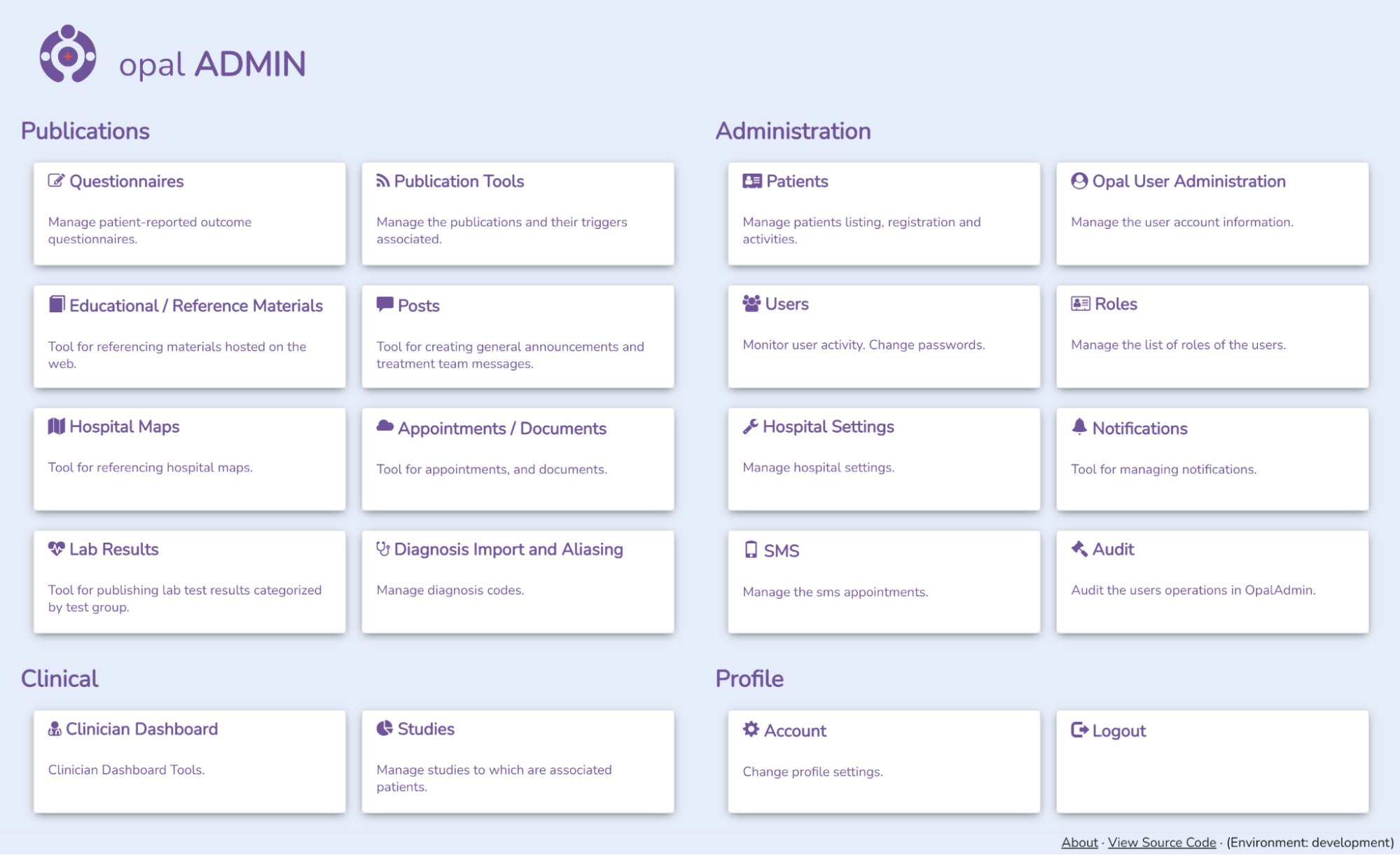 Opal Admin main menu