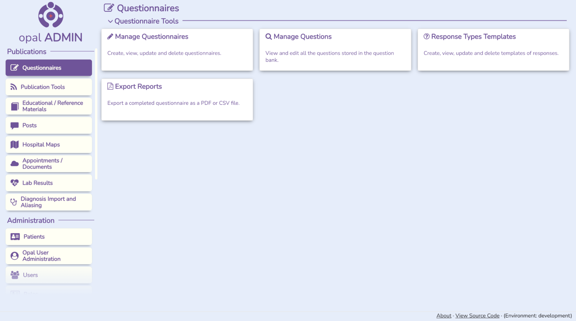 Opal Admin questionnaire menu