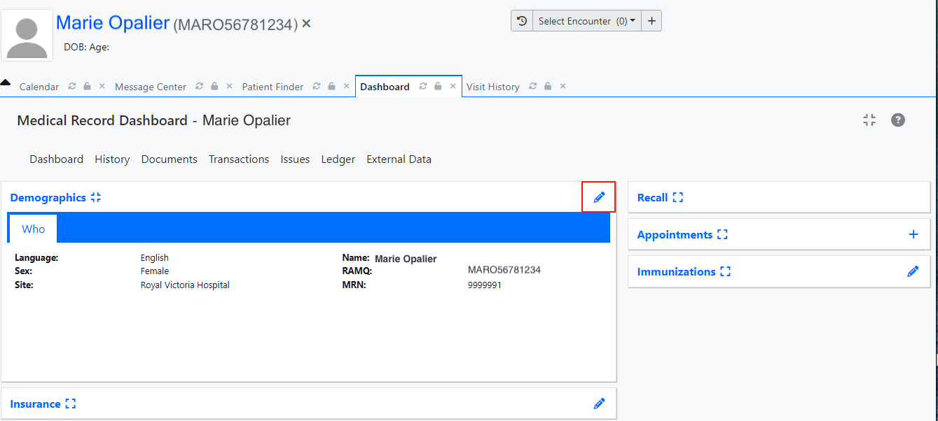 Patient Dashboard Demographics tab