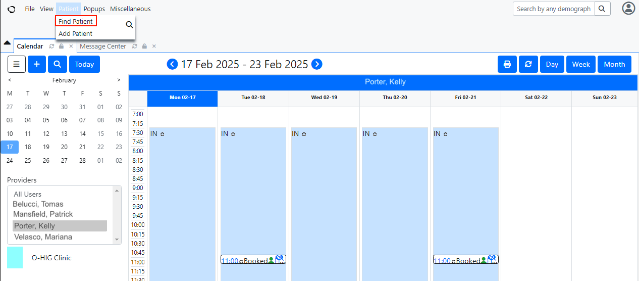 Patient section drop down menu Find Patient tab