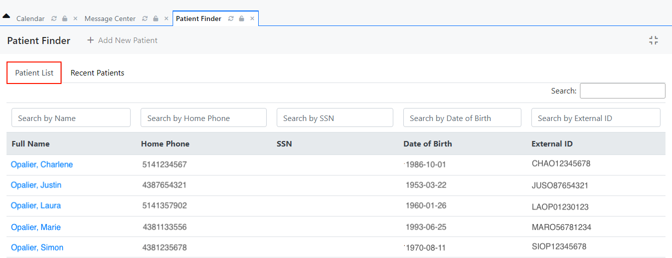 Patient Finder tab patient list