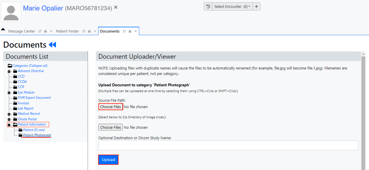 Documents section Patient Information folder Patient Photograph