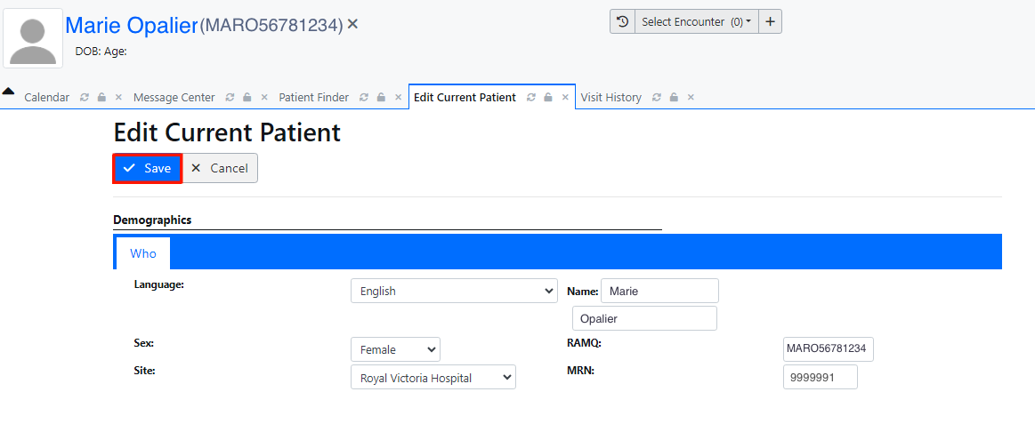 Edit Current Patient tab Save button