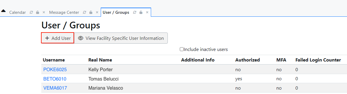 User groups tab add user button