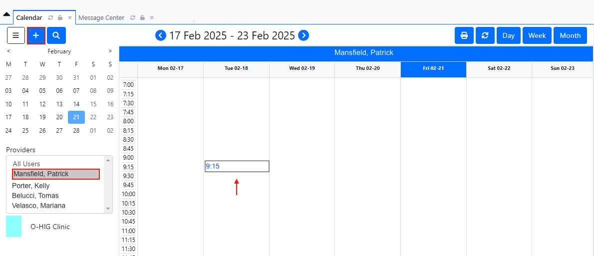 New provider calendar with appointment time showing